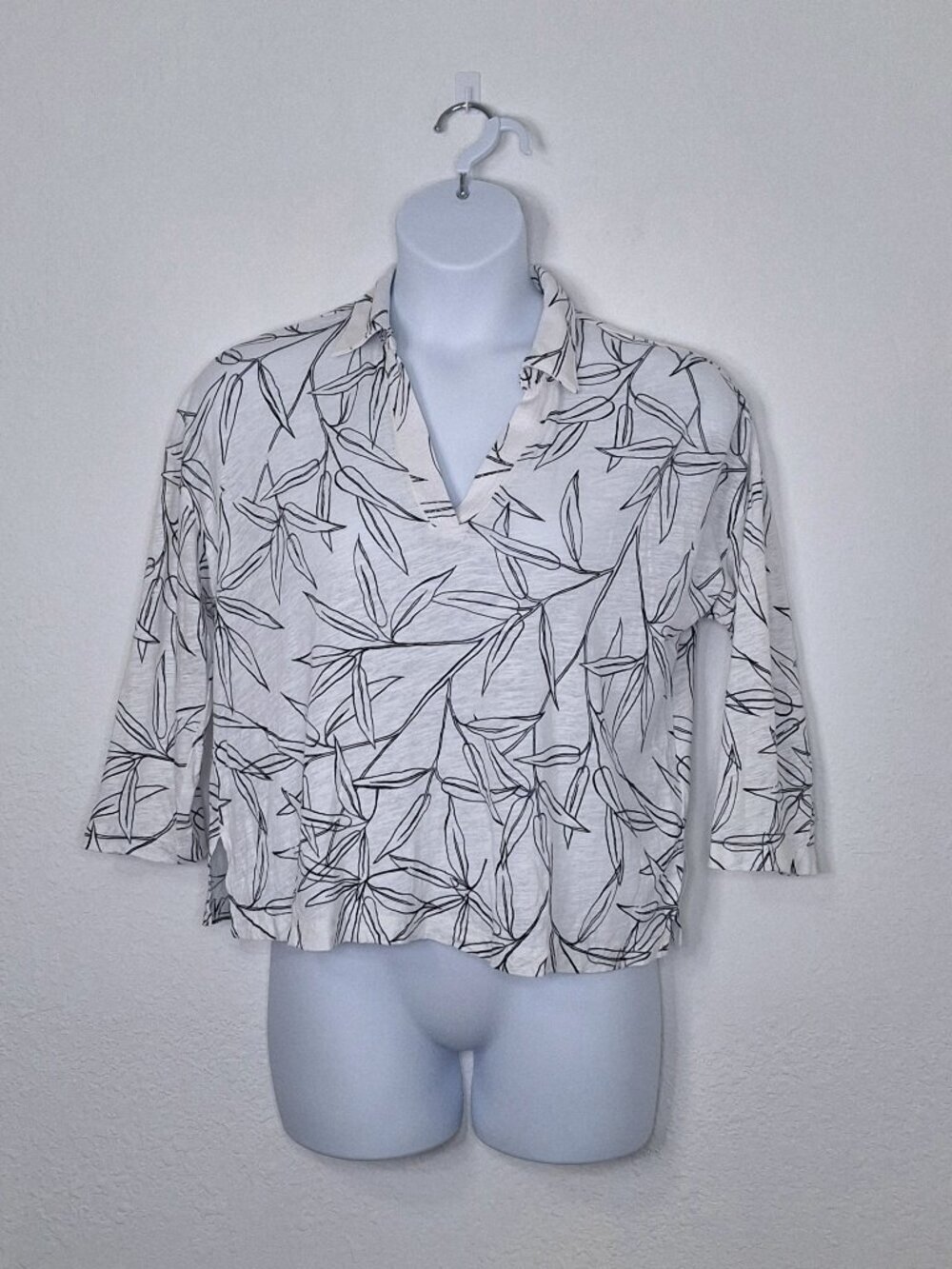 Cynthia Rowley Linen Blend Popover Blouse Sz L Leaf Print Minimalist Coastal